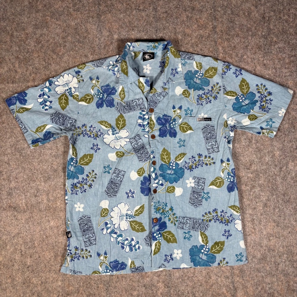 T&C Surf Designs Button Up Shirt Mens M Blue‎ Tiki Hibiscus Hawaii Camp Vintage